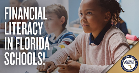 Graphic of kids in a classroom with caption: FINANCIAL LITERCY IN FLORIDA SCHOOLS!