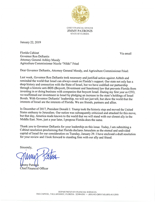 Letter to Governor and Cabinet on Israel