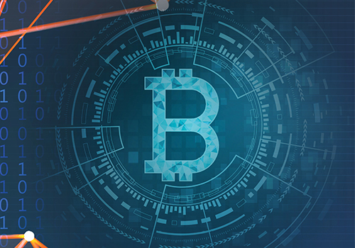 graphic illustration of blue Bitcoin symbol