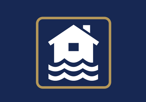 graphical illustration of flooded house on dark blue background