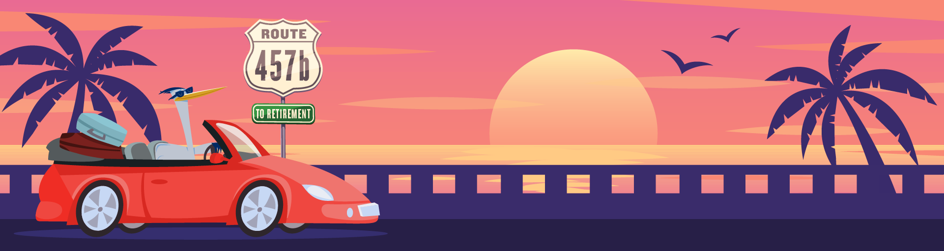 Animated Heron driving down highway at sunset