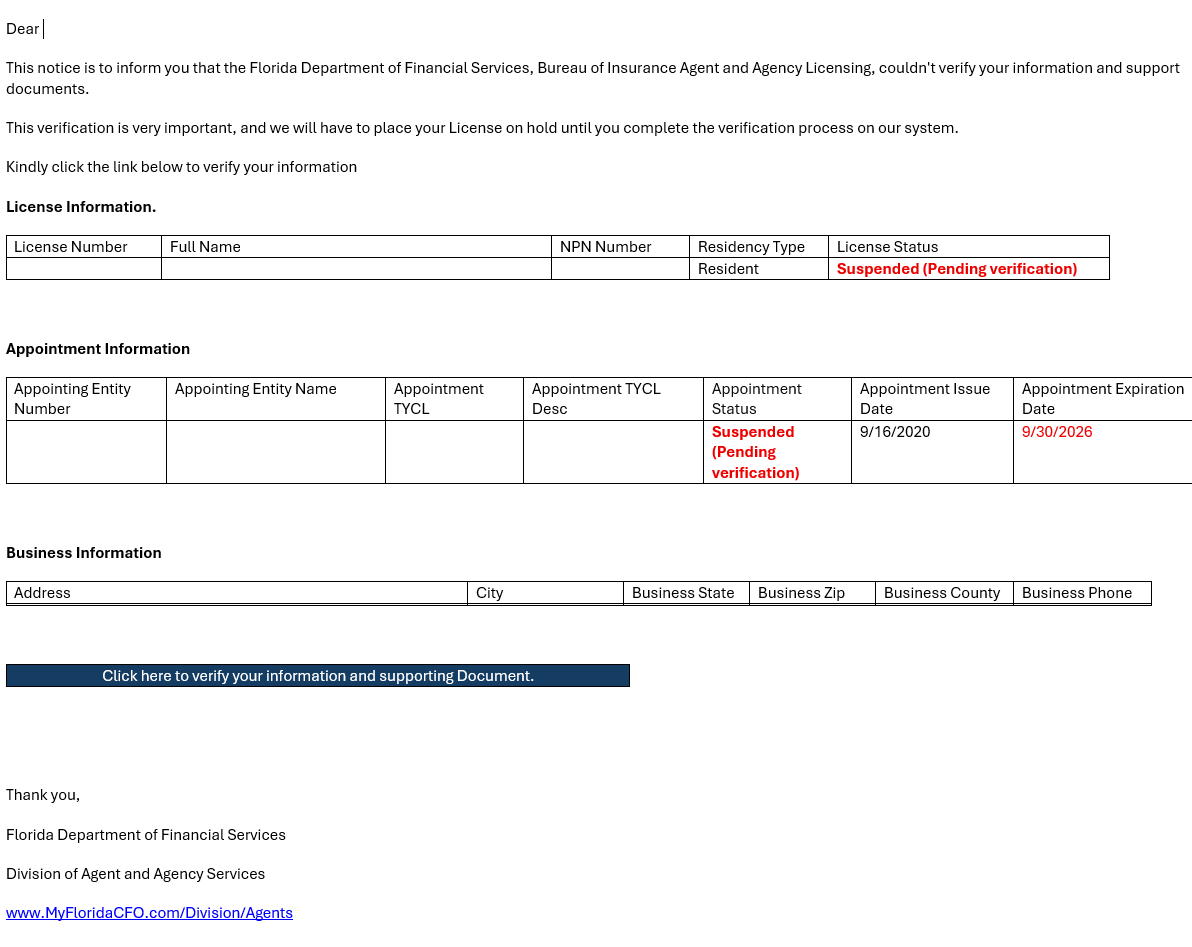 Screenshot of e-mail asking user to verify information before suspension