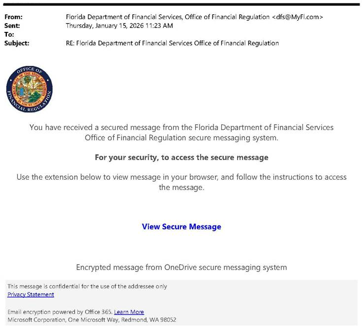 Screenshot of e-mail asking user to view secure message