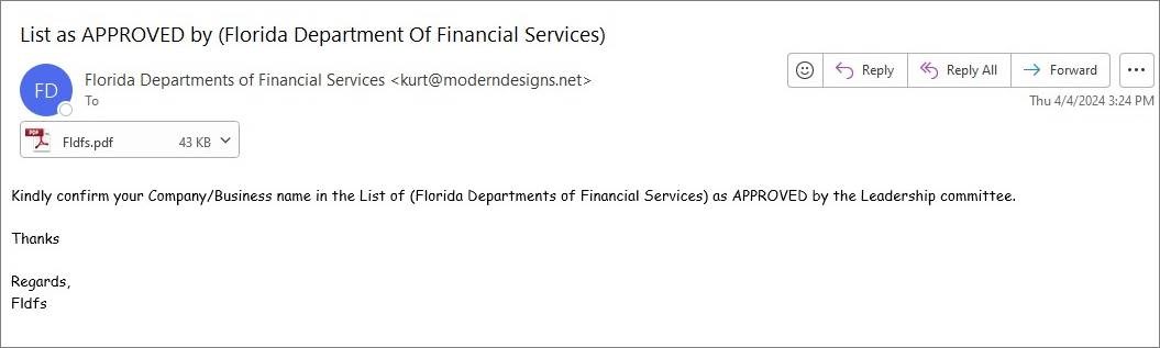 Screenshot of Fake E-mail asking for Company Name to be Approved by Leadership