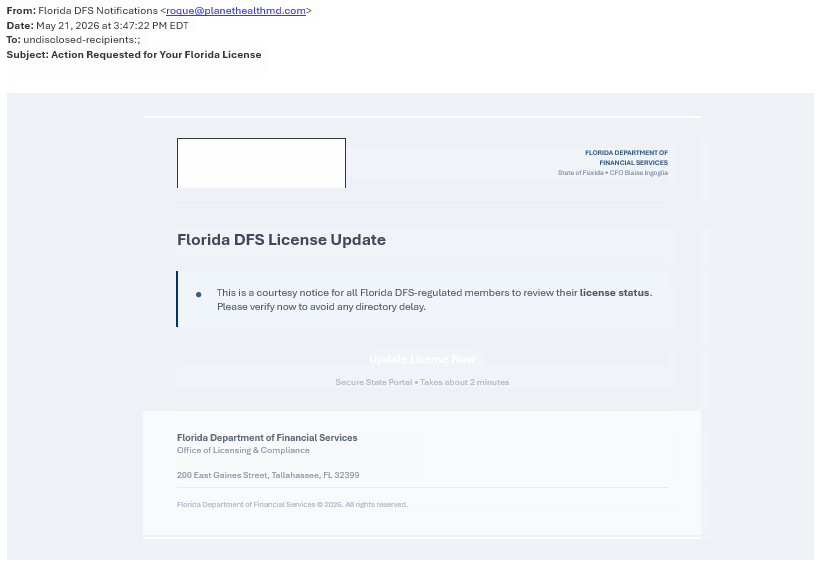 Screenshot of Fake E-Mail from asking for Florida DFS License Update