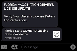 Ejemplo de Fraude con Licencia de Conducir Relacionado con el COVID-19 por Mensaje de Texto