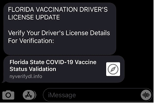 Text Message COVID-19 Driver's License Scam Example Text Message COVID-19 Driver's License Scam Example