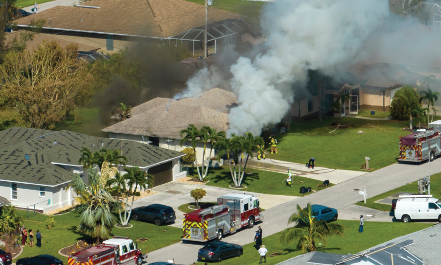 Damaged house roof from fire