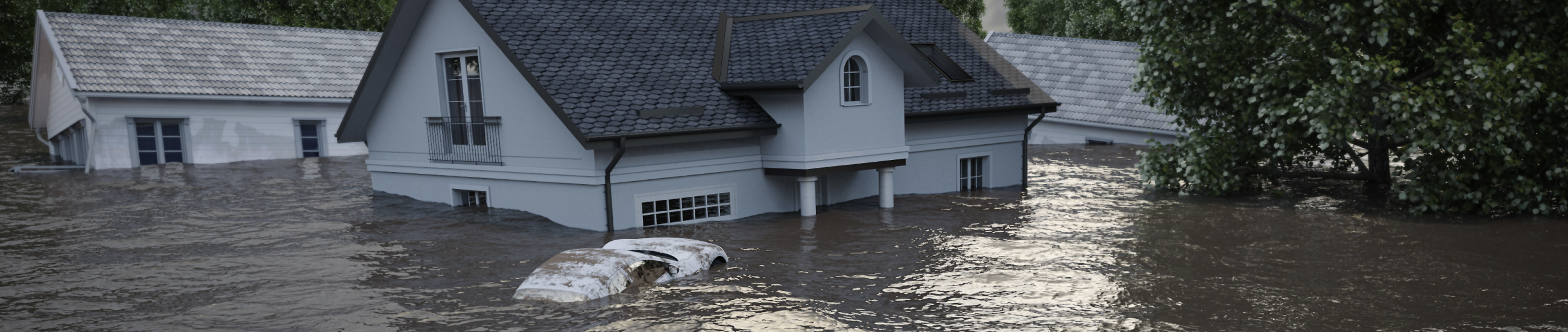 Una representación digital de corrientes de aguas de una inundación que cubren casas de dos niveles y arrastran un auto.