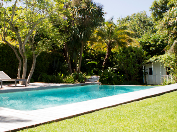 Patio trasero con una piscina y una caseta