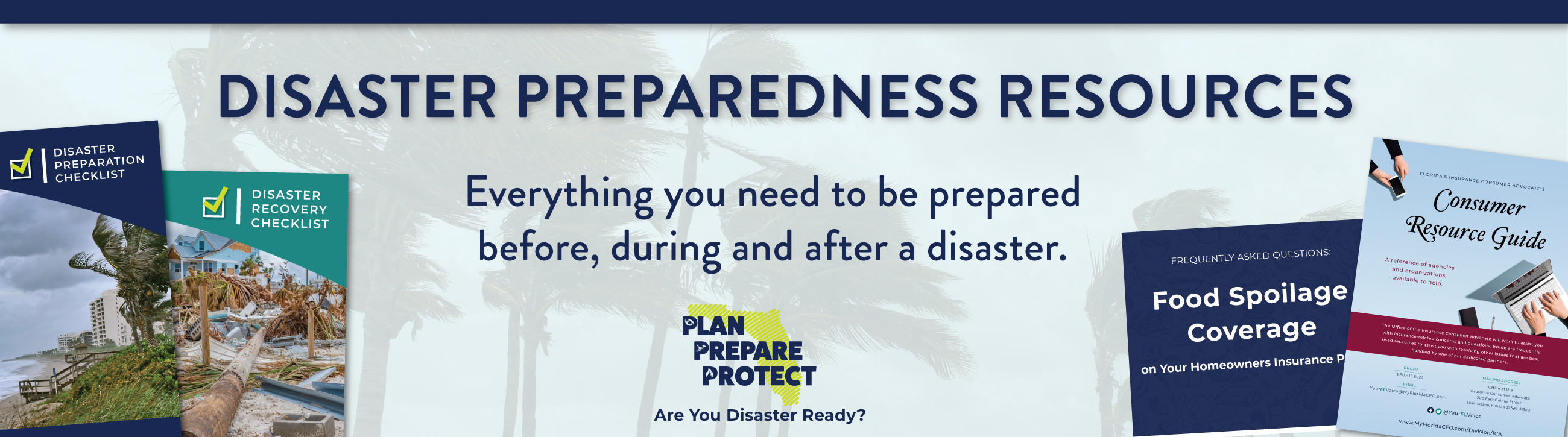 Stack of resource guides. Disaster Preparedness Resources. Everything you need to be prepared before, during, and after a storm.