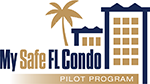 My Safe Florida Condo Logo My Safe Florida Condo in blue and gold font with blue and gold condominium icon