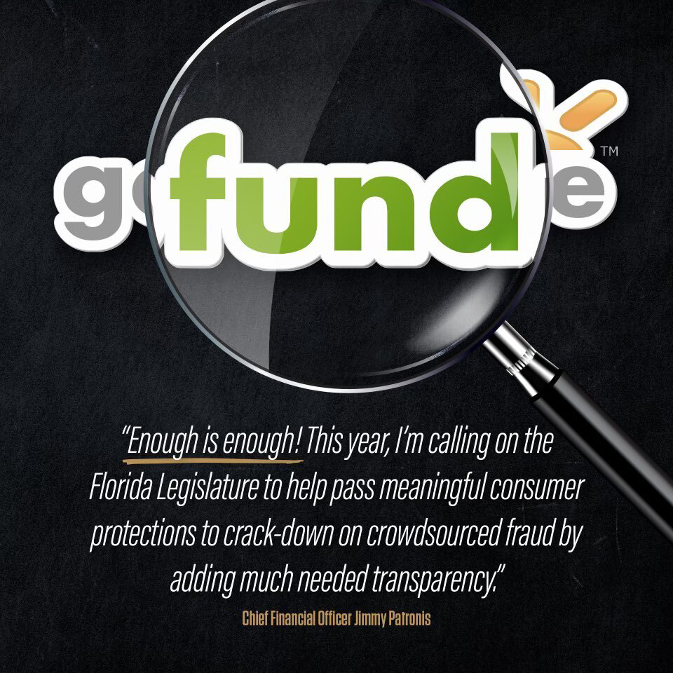 GoFundMe logo under maginfying glass with CFO quote