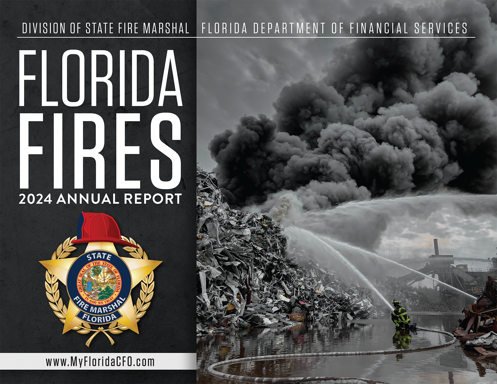 Annual Report 2024 cover Florida Fires 2024 annual report cover with picture of a fireman using a hose to put out a fire